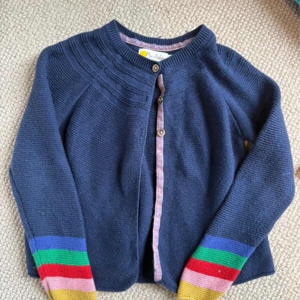 Mini Boden Blue Cardigan with Multicolor Striped Sleeves